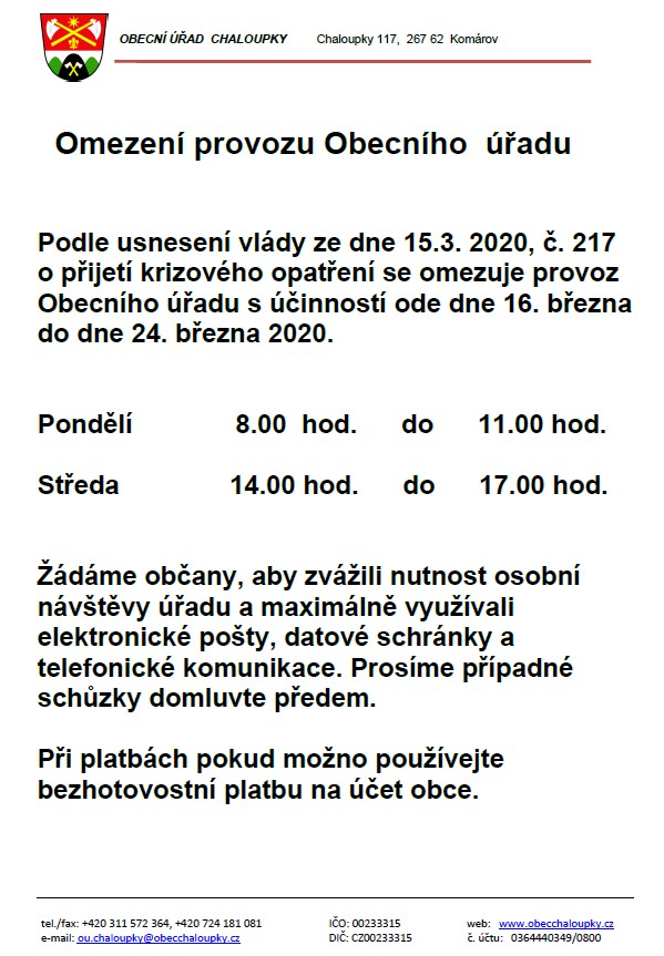 Omezení provozu Obecního úřadu
